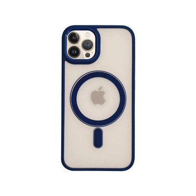 Husa iPhone 13 Pro Max, Premium MagSafe, Butoane Metalice, Spate Transparent, Rama Albastra